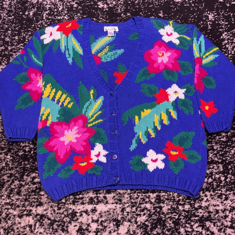 Izod Vintage Hand Knitted Tropical Floral Cardigan Sweater Blue Ramie Cotton L